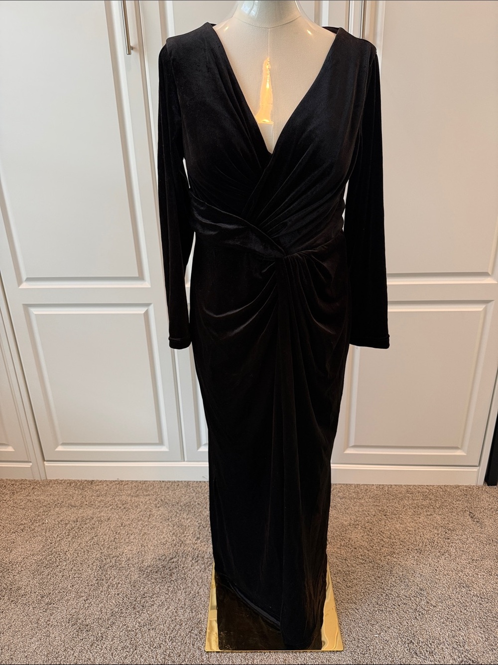 Amazon Black Long-Sleeve Velvet Draped V-Neck Gown